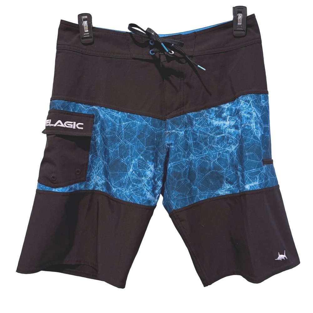 Pelagic Ridgemont Board Shorts‎ Mens 32 Black Blue Geometric Fishing Surf Shorts